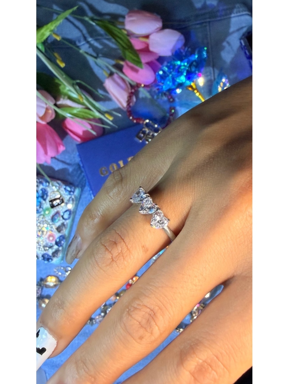 Elegant Silver 925 solid Ring with Three Heart-Shaped Clear Stones
